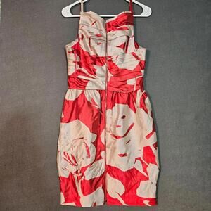 Lida Baday Size 6 Red Beige Silk Blend Floral Cocktail Dress Canada Designer